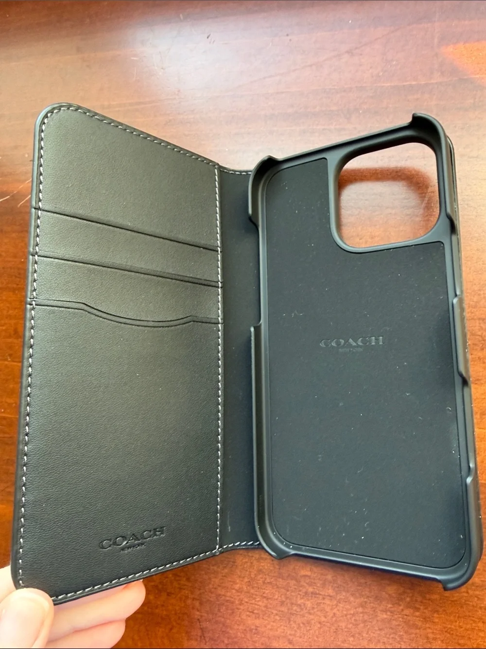 Coach iPhone 16 Pro Max Black Leather Wallet Phone Case